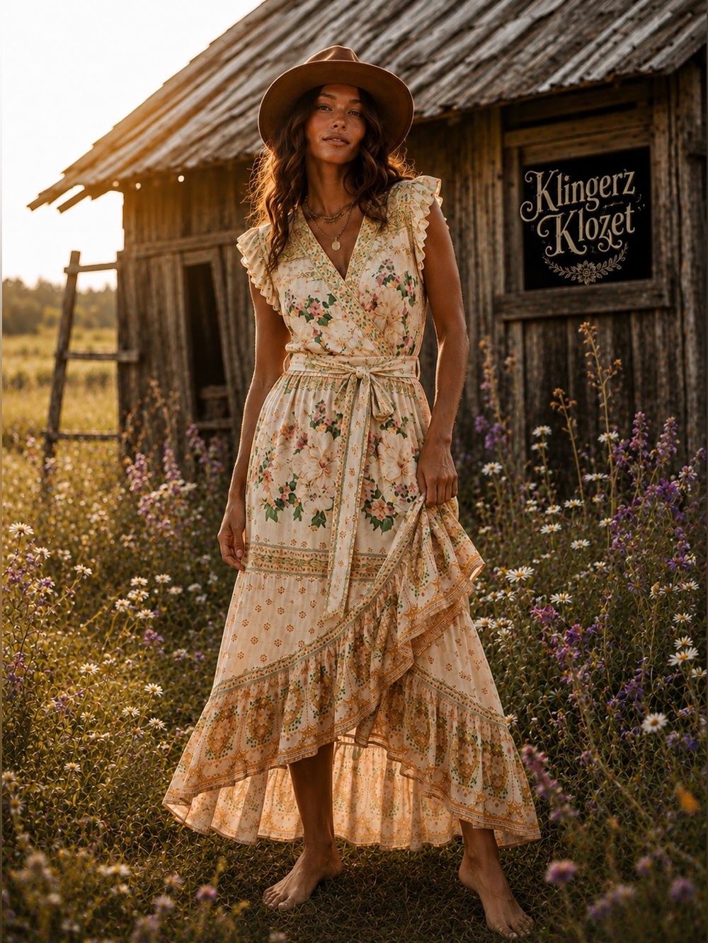 Farm Rio Anthropologie Floral Midi wrap  Dress in pale Yellow